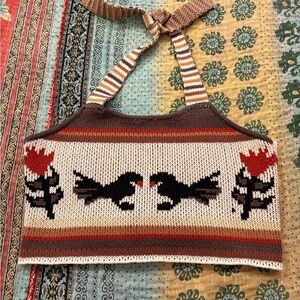 NWOT Boutique Hand-Knit Cream & Brown Bird Motif Crop Halter Top